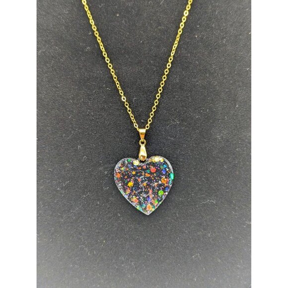 Black Heart-Shape Pendant with Holographic Glitter 10.5" Length One-of-a-Kind - Picture 3 of 7